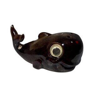 Redware Salt Shaker Ceramic Whale Shaped Brown Drip Glaze Googley Eyes 4"